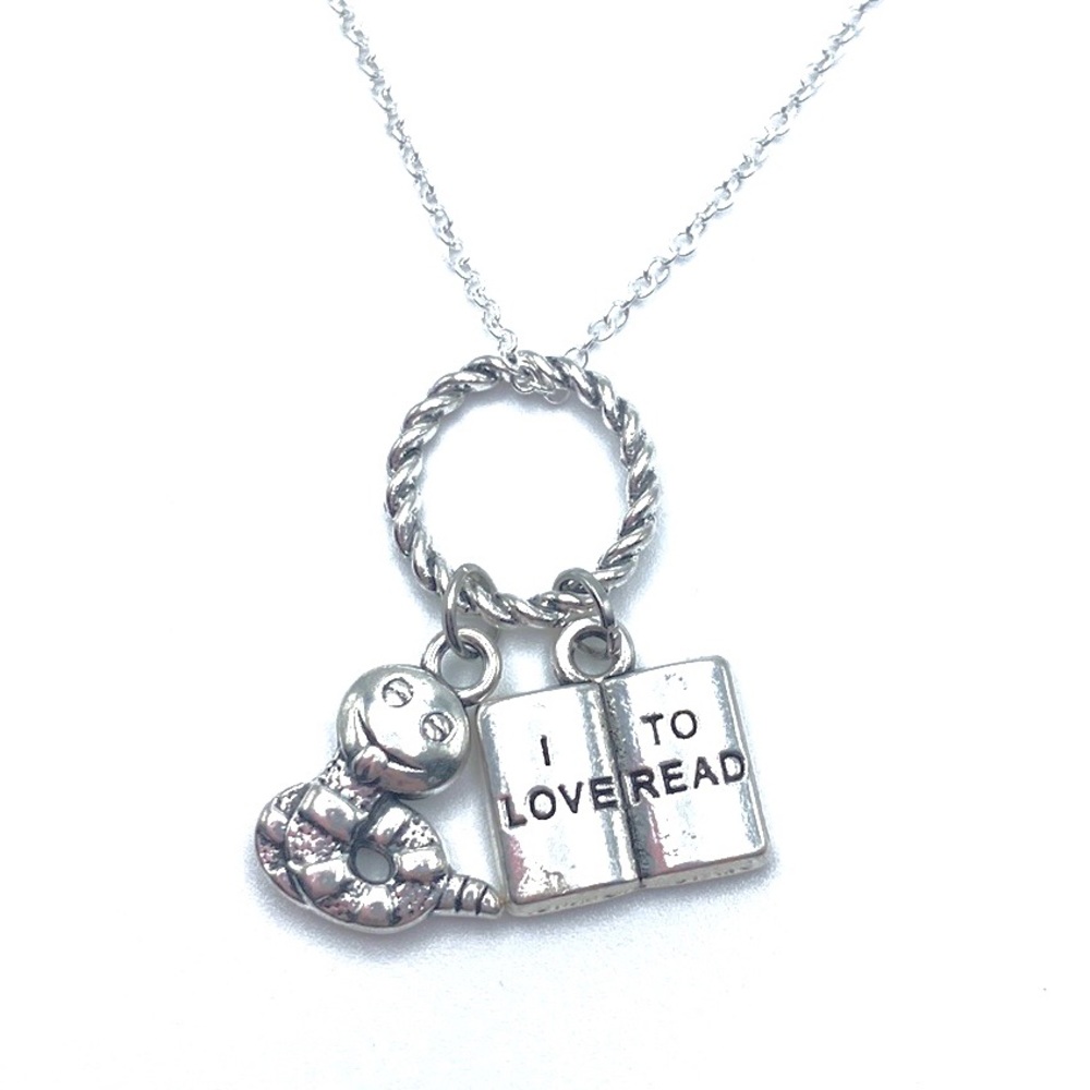 Book Worm Charm Necklace I Love To Read - Picture 2 of 6
